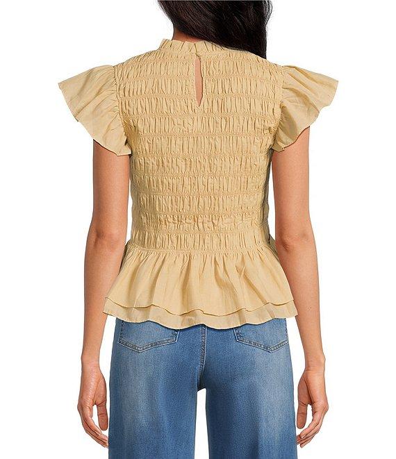 Sugarlips Ruffle Mock Neckline Short Sleeve Smocked Peplum Top Product Image