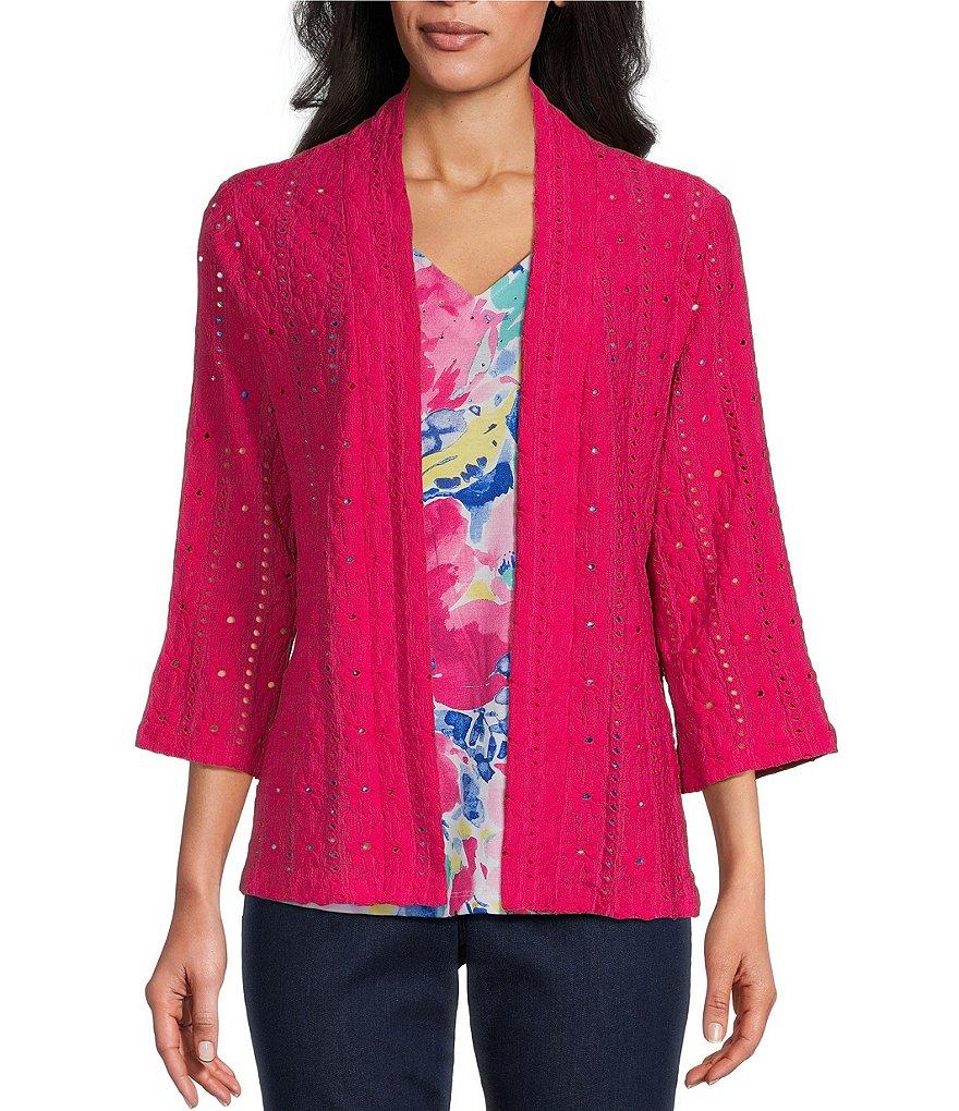 Allison Daley 3/4 Sleeve Open-Front Eyelet Knit Cardigan Product Image