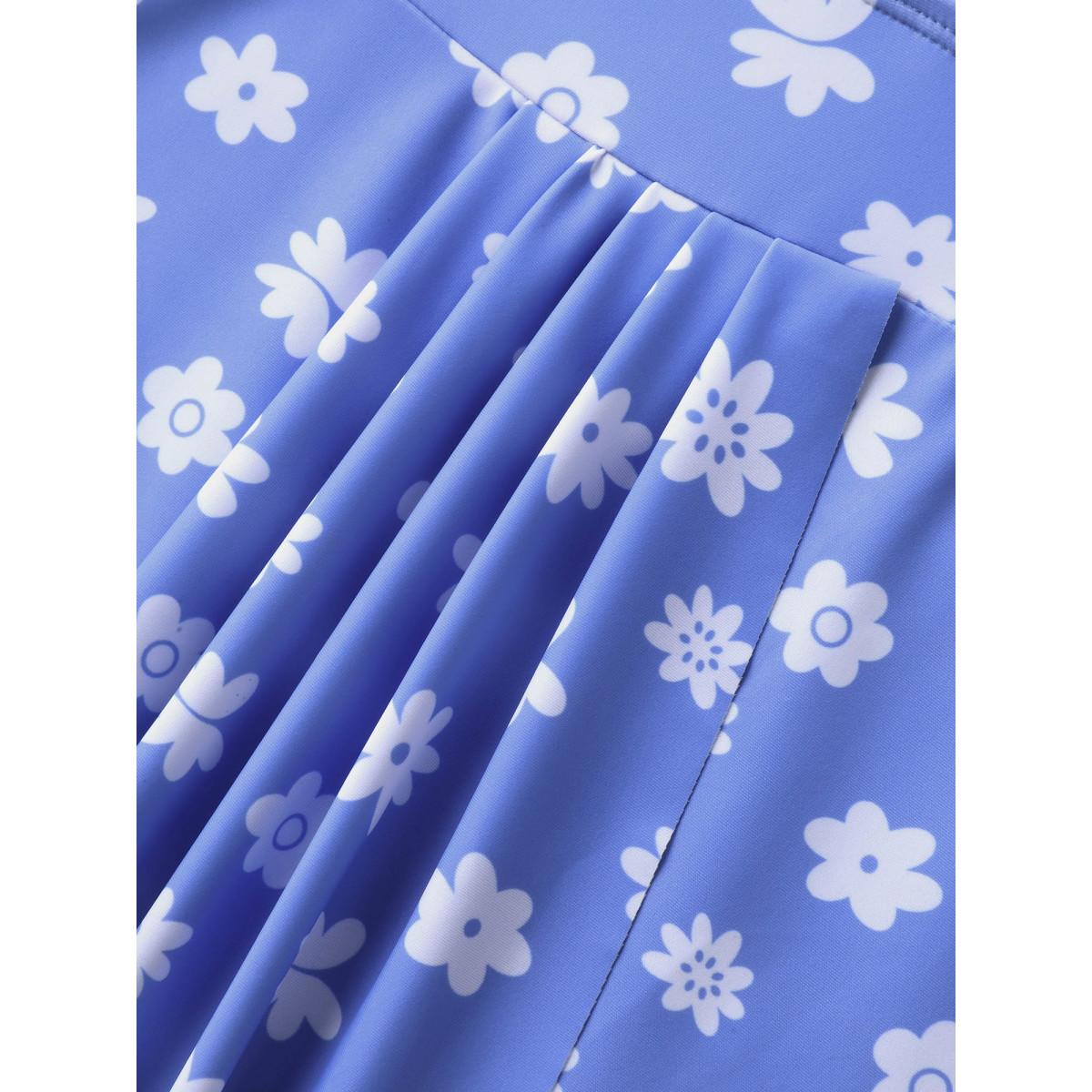 Plus Size Sweet Floral Print Pendulum Hem Swim Dress Women's Swimwear LightBlue Resort Bodycon Overlap Collar High stretch Curve Swim Dresses BloomChic 22-24/3X Product Image