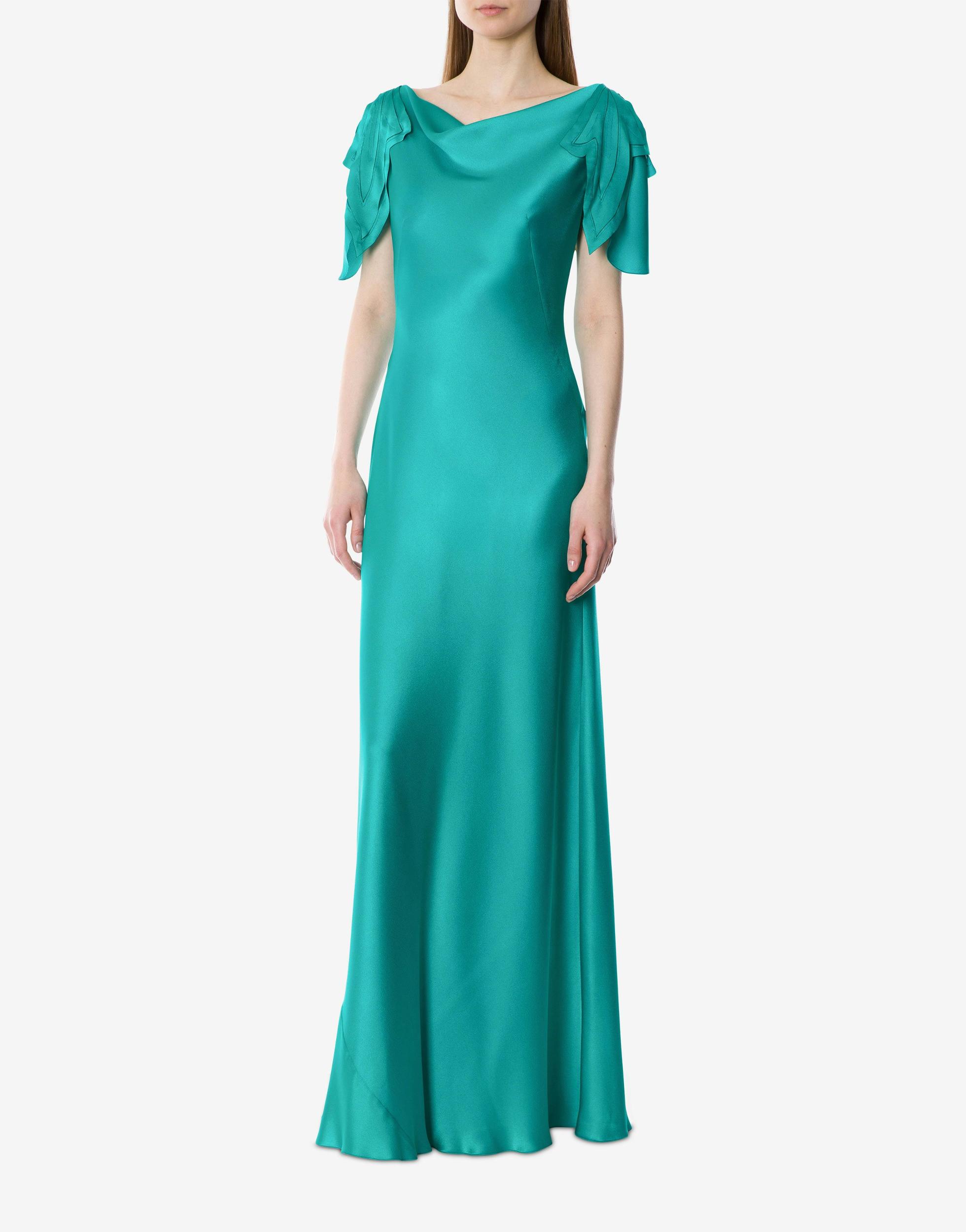 Satin long dress with laser-cut sleeves Product Image