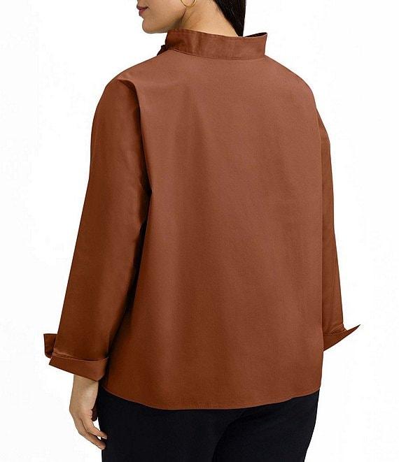 Foxcroft Plus Size Tammy Solid Non-Iron Ruffled Split V-Neck Long Turn-Up Cuff Sleeve Popover Shirt Product Image