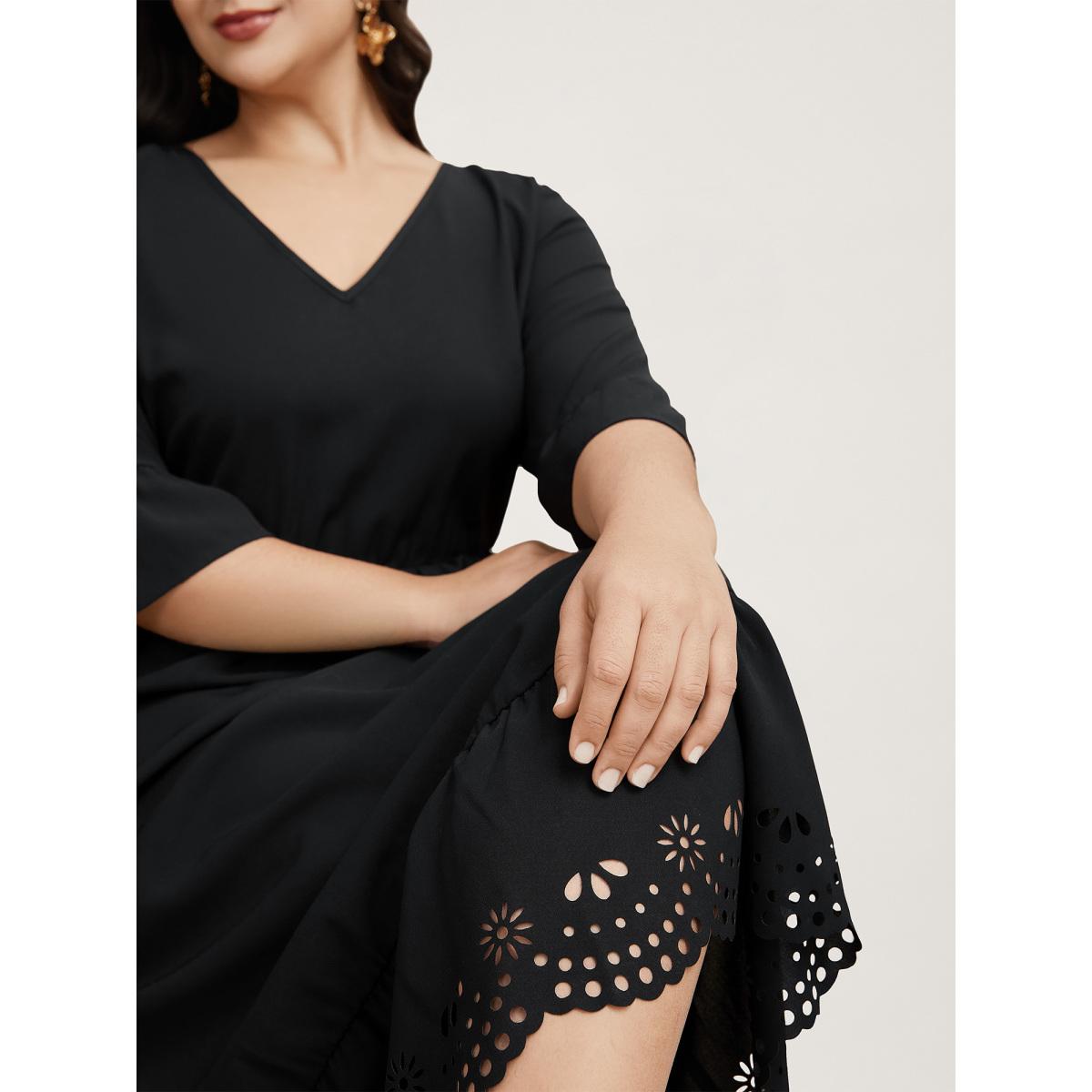 Plus Size Cut-Out Waist-Defining Ruffled Midi Dress Black Women Elegant Cut-Out V-neck Elbow-length sleeve Curvy BloomChic 18-20/2X Product Image