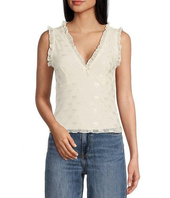 Honey & Sparkle Mesh V-Neck Ruffle Edge Lined Bow Trim Top Product Image