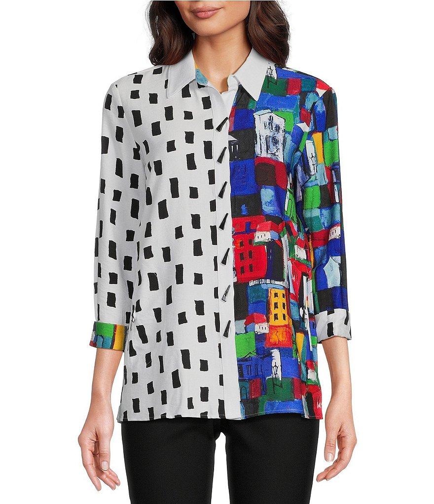 Ali Miles Petite Size Woven City Windowpane Print Point Collar 3/4 Sleeve Button Front Tunic Product Image
