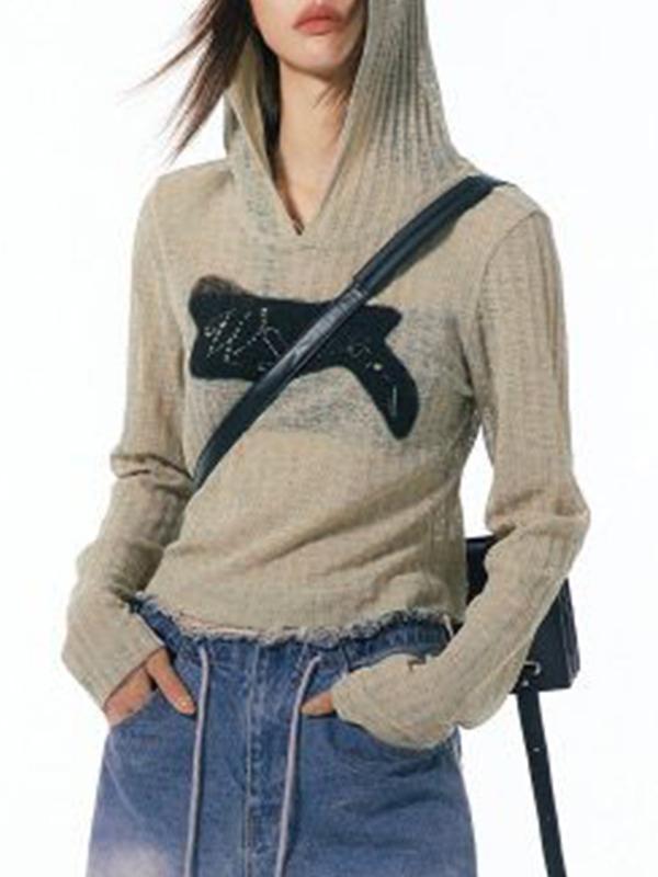 Print Patched Ribbed Design Thin Long Sleeve Knit Product Image