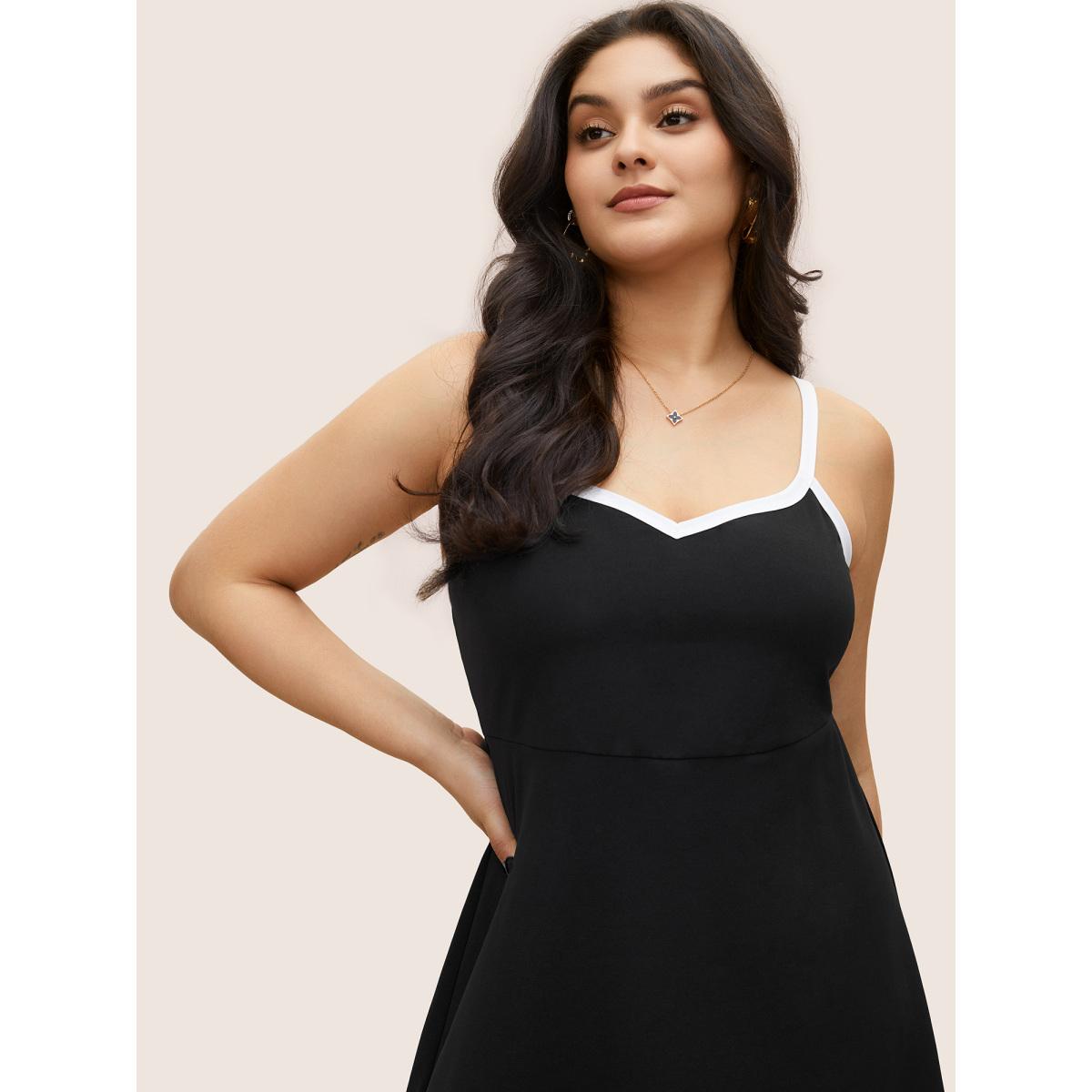 Plus Size Contrast Trim Adjustable Straps Dress Black Women At the Office Contrast V-neck Sleeveless Curvy Knee Dress BloomChic 28/5X Product Image