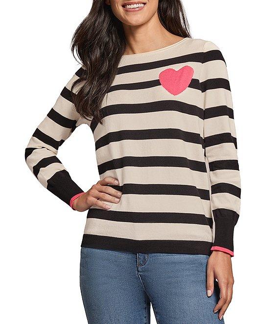 Jones New York Striped Heart Boat Neck Long Sleeve Knit Top Product Image