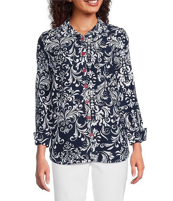 Ali Miles Woven Vintage Floral Point Collar 3/4 Sleeve Button Front Tunic Product Image