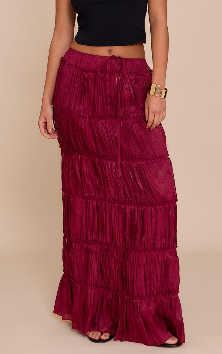  Deep Red Drawstring Frill Tiered Maxi Skirt Product Image