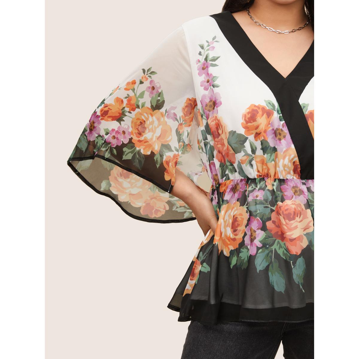 Plus Size Multicolor Floral Contrast Trim Elastic Waist Flutter Sleeve Blouse Women Cocktail Half Sleeve V-neck Party Blouses BloomChic 12/L Product Image