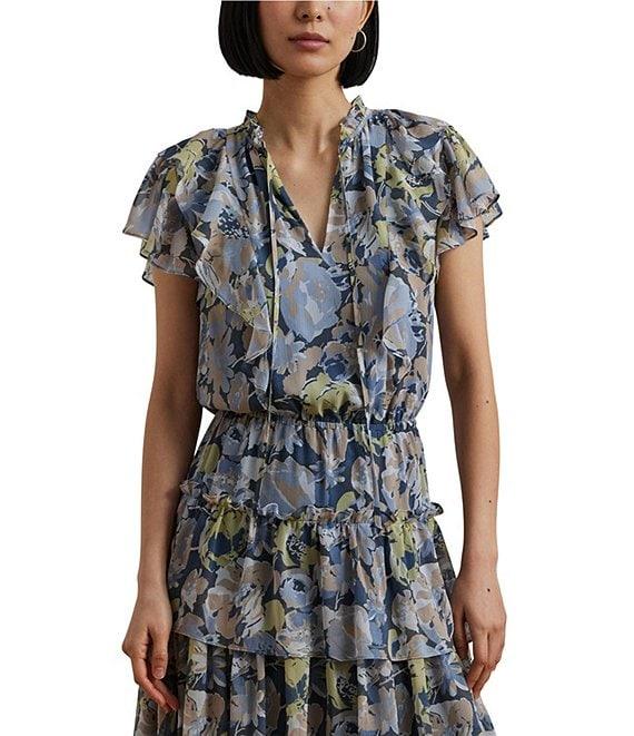 Lauren Ralph Lauren Crinkle Georgette Floral Ruffle Trim Tiered Dress Product Image
