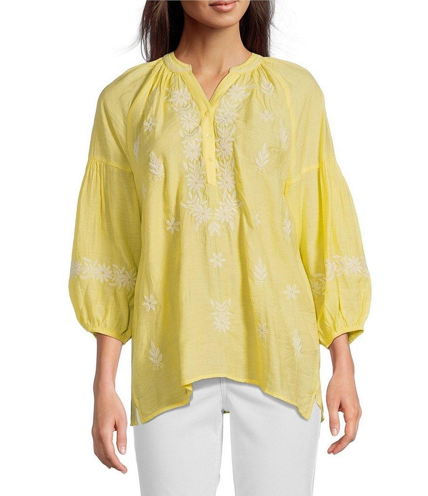 Calessa Textured Embroidered Split V-Neck 3/4 Sleeve Tunic Product Image