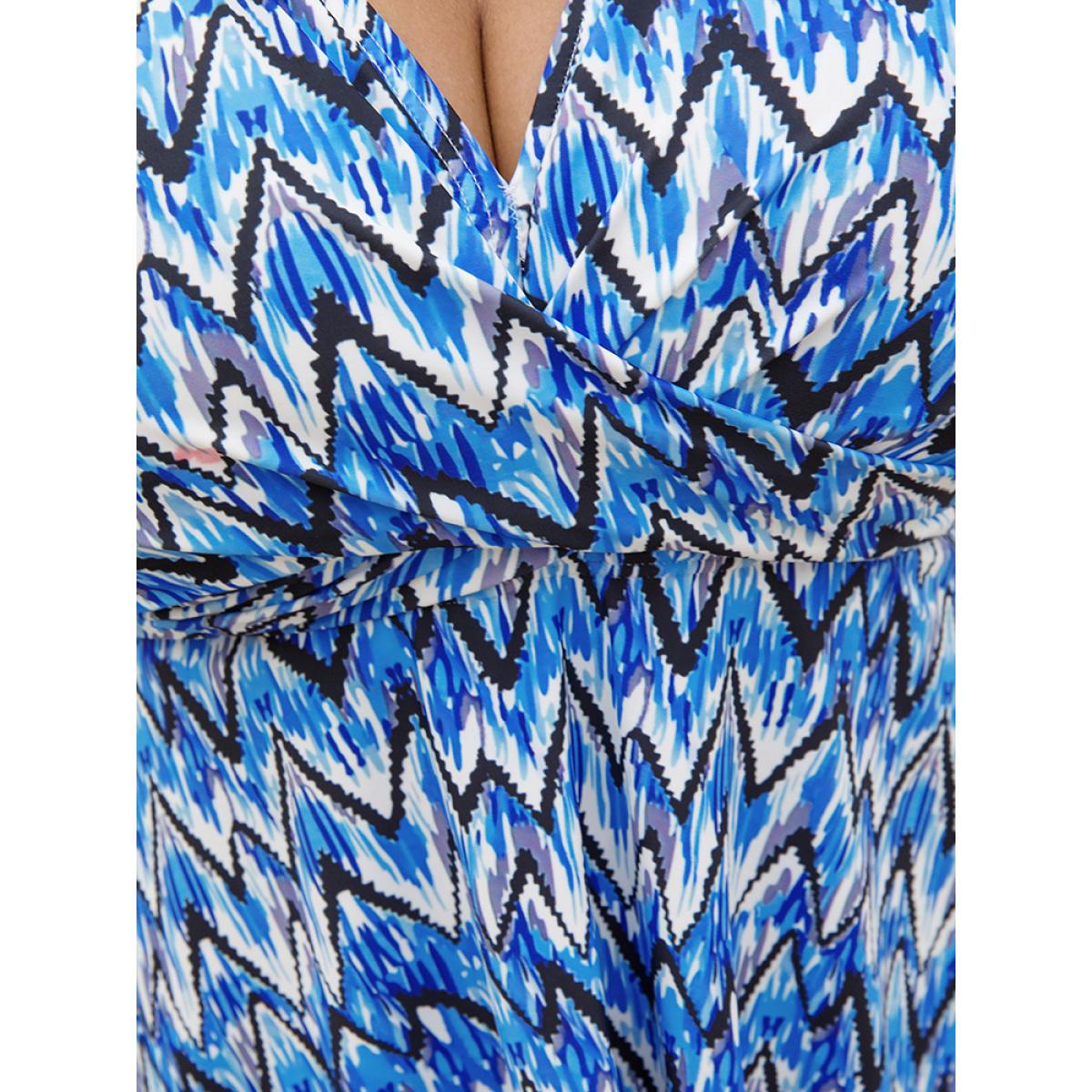 Plus Size Ripple Print Contrast Ruffle Hem Swim Dress Women's Swimwear LightBlue Vacation Adjustable Straps High stretch Bodycon V-neck Curve Swim Tops BloomChic 18-20/2X Product Image