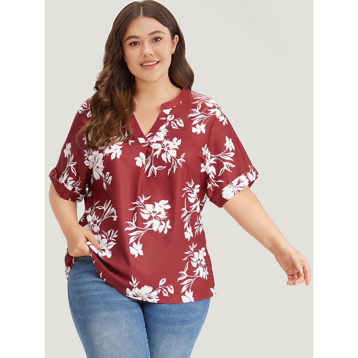 Plus Size Multicolor Silhouette Floral Print Notched Roll Sleeve Blouse Women Elegant Short sleeve V-neck Dailywear Blouses BloomChic 26/4X Product Image