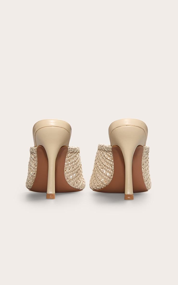 Cream Pu Round Toe Crochet Strap Mid Heeled Mules Product Image