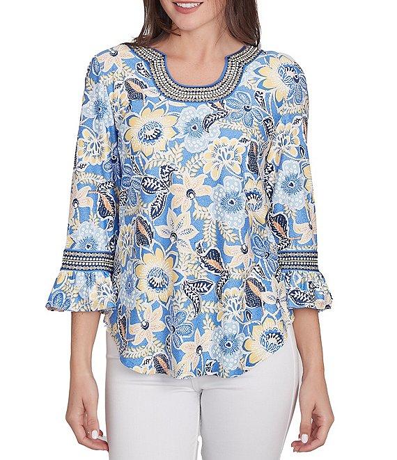 Ruby Rd. Knit Bohemian Floral Print Contrast Horseshoe Neck 3/4 Ruffle Sleeve Top Product Image