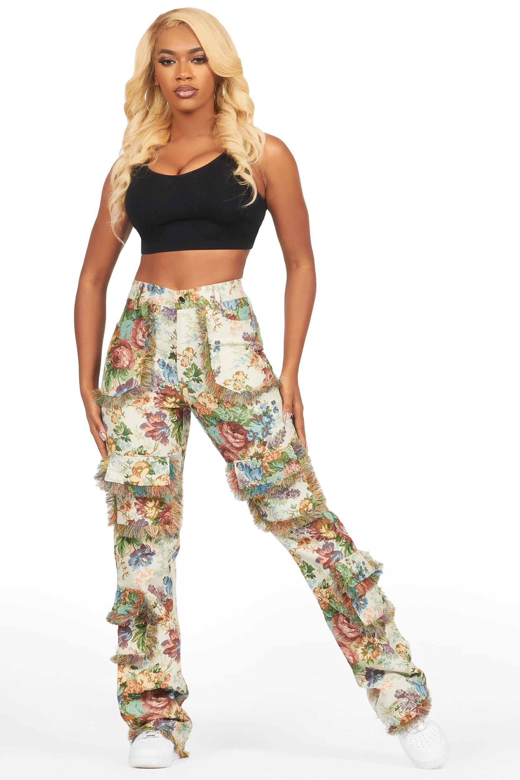 Makayla Beige Cargo Tapestry Stacked Pant Female Product Image