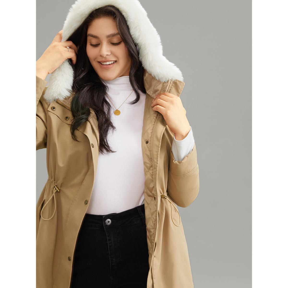 Plus Size Fuzzy Trim Drawstring Pocket Cotton Jackets Women Tan Casual Arc Hem Loose Ladies Dailywear Winter Coats BloomChic 14-16/1X Product Image