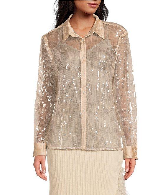 Skies Are Blue Sheer Sequin Point Collar Neck Long Sleeve Button Front Top Product Image