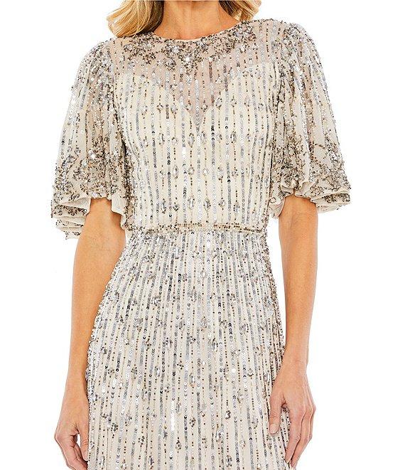 Mac Duggal Sequin Crew Neck Short Flutter Sleeve Midi Dress Product Image