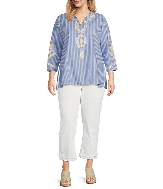 Calessa Plus Size Embroidered Patchwork Pinstripe Split V-Neck 3/4 Sleeve Tunic Product Image