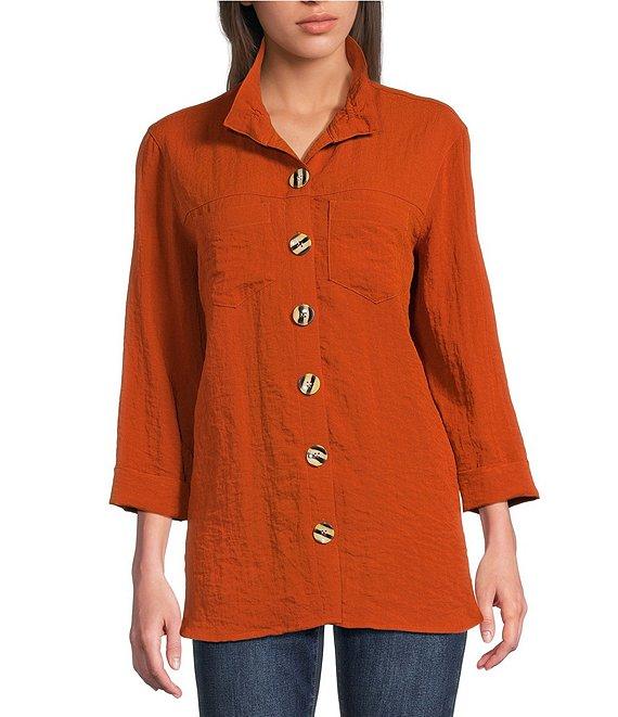 John Mark Solid Woven 3/4 Sleeve Wire Collared Button Front Patch Pocket Camp Shirt Product Image