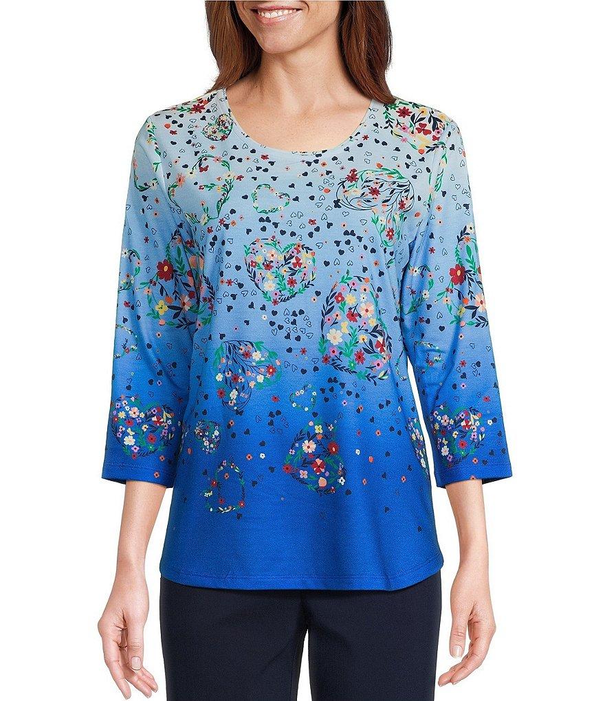 Allison Daley Petite Size Floral Hearts Print 3/4 Sleeve Crew Neck Knit Top Product Image