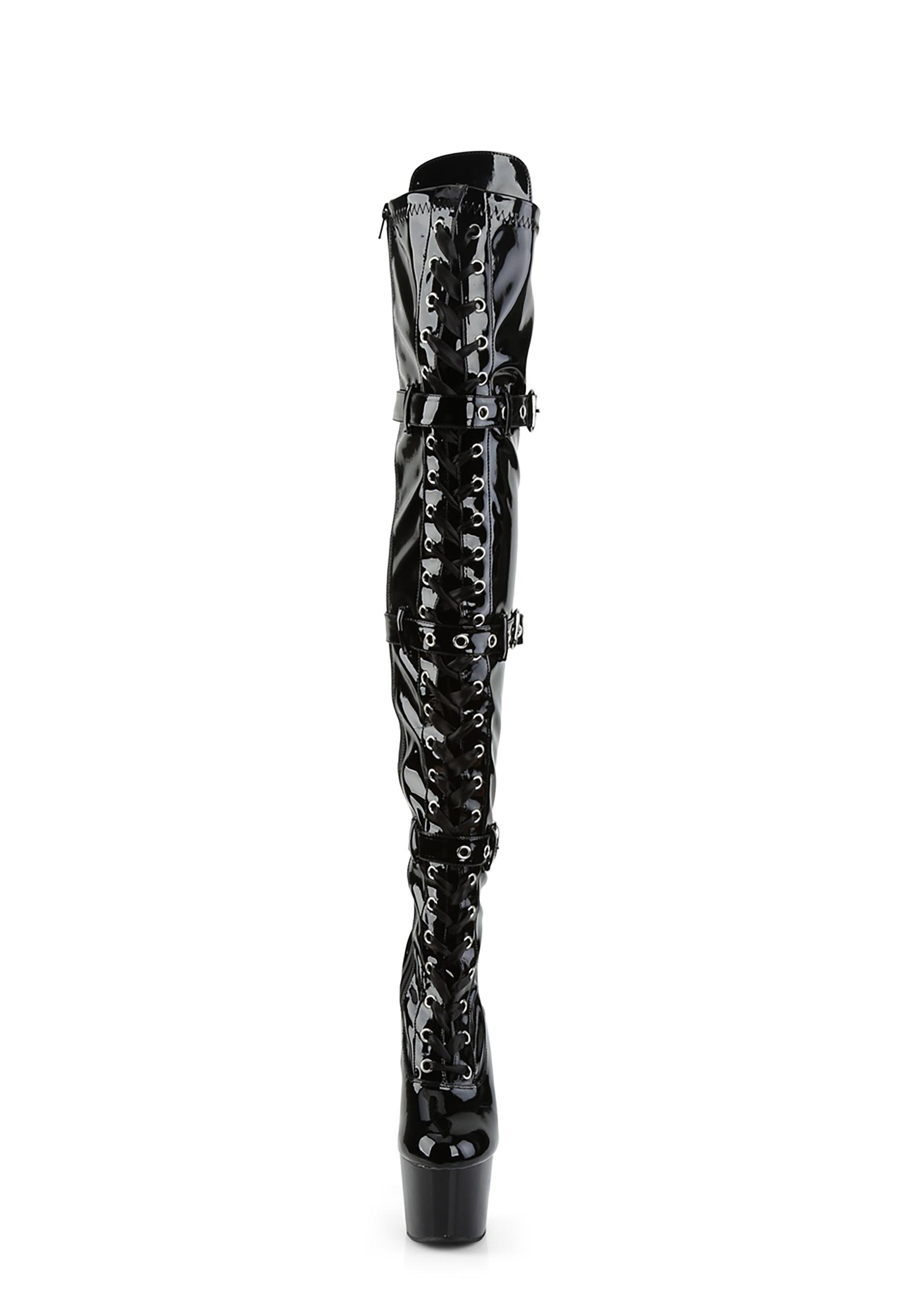 Pleaser Adore-3028 Triple Buckle Thigh Vinyl Boots -Black Product Image