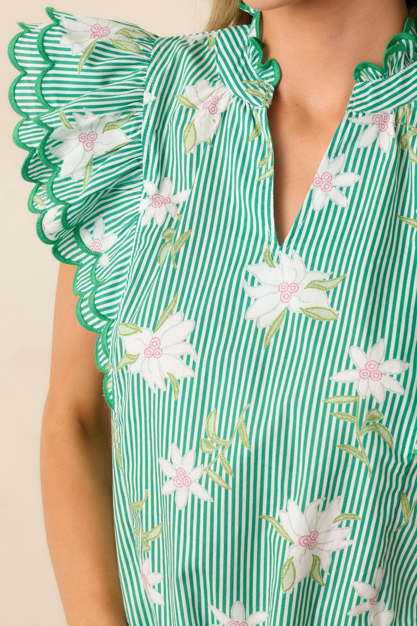 Sidewalk Cafè Green Floral Cotton Flutter Sleeve Top Product Image