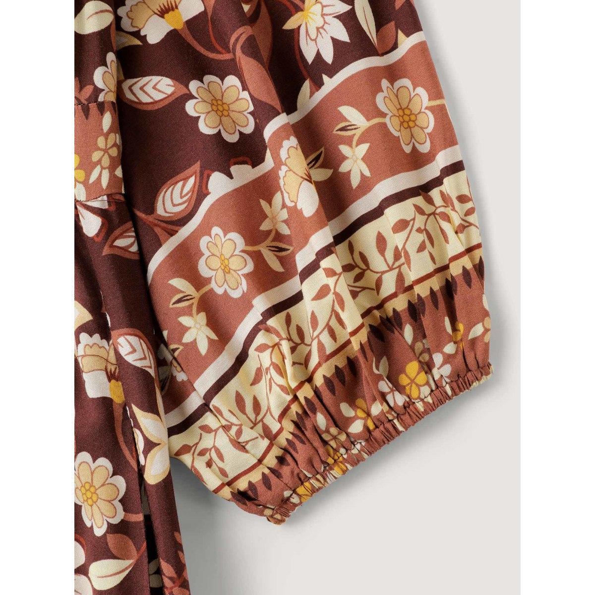 Plus Size Floral Print Contrast Neckline Maxi Dress Browncoffeecolor Women Boho Non V-neck Long Sleeve Curvy BloomChic 26/4X Product Image