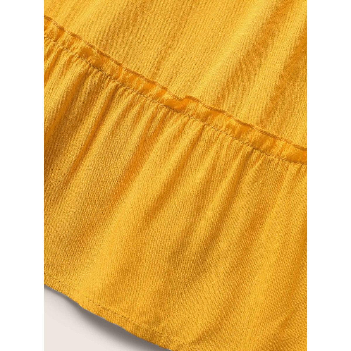 Plus Size Turmeric Solid Patchwork Ruffles Raglan Sleeve Blouse Women Resort Elbow-length sleeve V-neck Vacation Blouses BloomChic 12/L Product Image