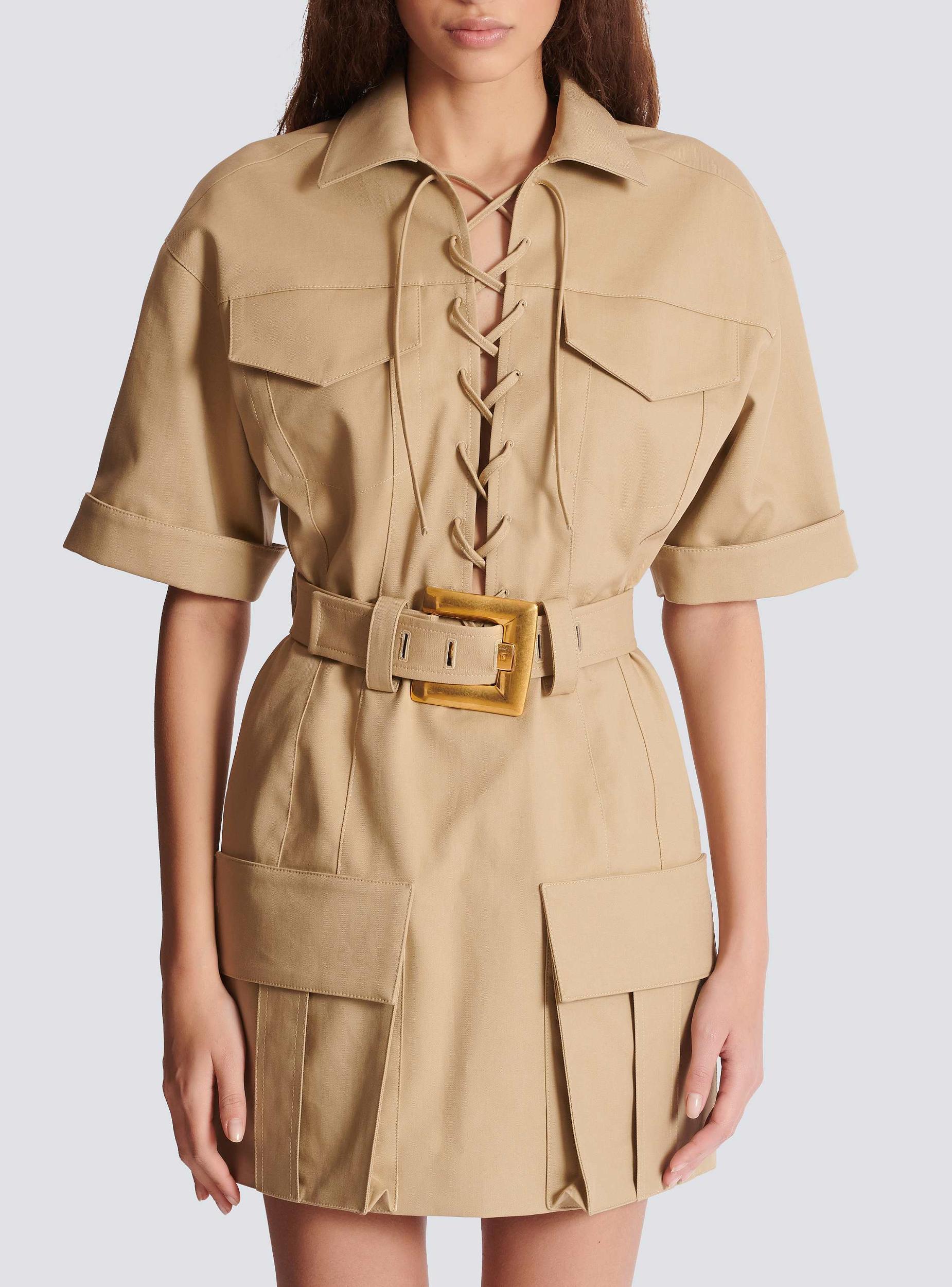Short cotton gabardine lace-up dress Product Image