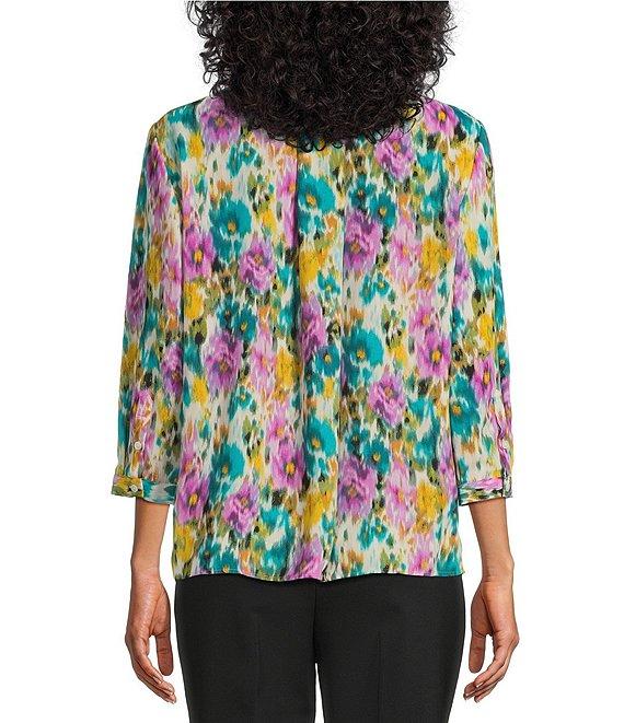 Investments Petite Size Caroline Signature Ikat Garden V-Neck 3/4 Sleeve Button Front Top Product Image