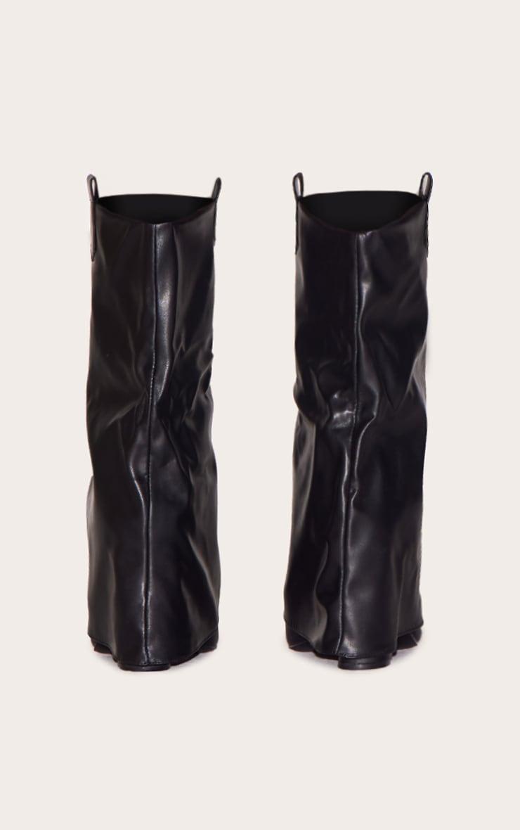 Black Wide Fit Pu Point Toe Fold Over High Heeled Calf High Boots Product Image