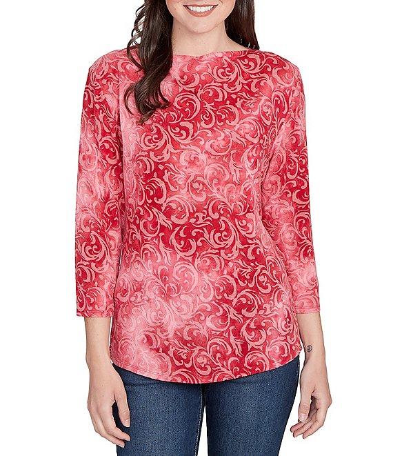 Ruby Rd. Textured Knit Tie-Dye Scroll Floral Boat Neck 3/4 Sleeve Top Product Image