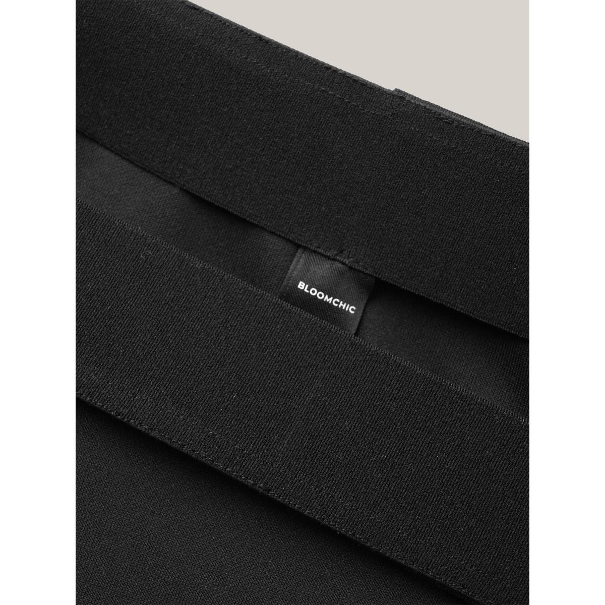 Plus Size Buckle Side Buttons Flared Midi Skirt Women Black At the Office Button Medium stretch Slanted pocket Work Skirts BloomChic 10/M Product Image