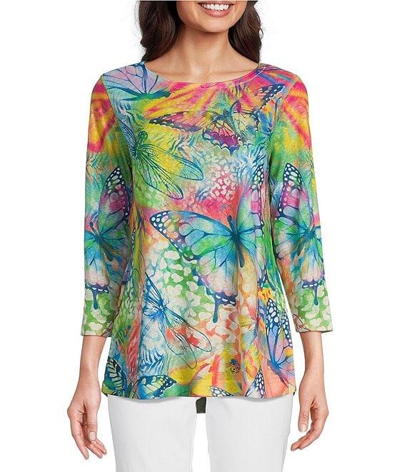 Ali Miles Floral Butterfly Printed Scoop Neck 3/4 Sleeve Top Product Image