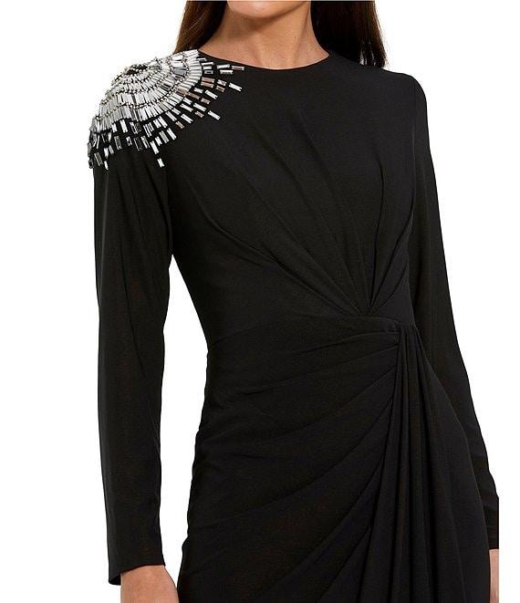 Mac Duggal Jersey Knit Beaded Shoulder Crew Neck Long Sleeve Wrap Gown Product Image