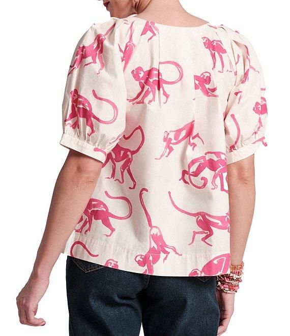 FRANCES VALENTINE Zonda Cotton Poplin Monkey Print Scoop Neck 3/4 Puff Sleeve Top Product Image