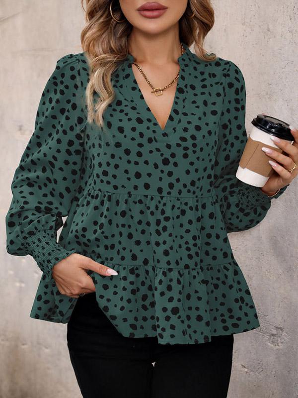 Long Sleeves Loose Elasticity Polka-Dot Split-Joint V-Neck Blouses&Shirts Tops Product Image