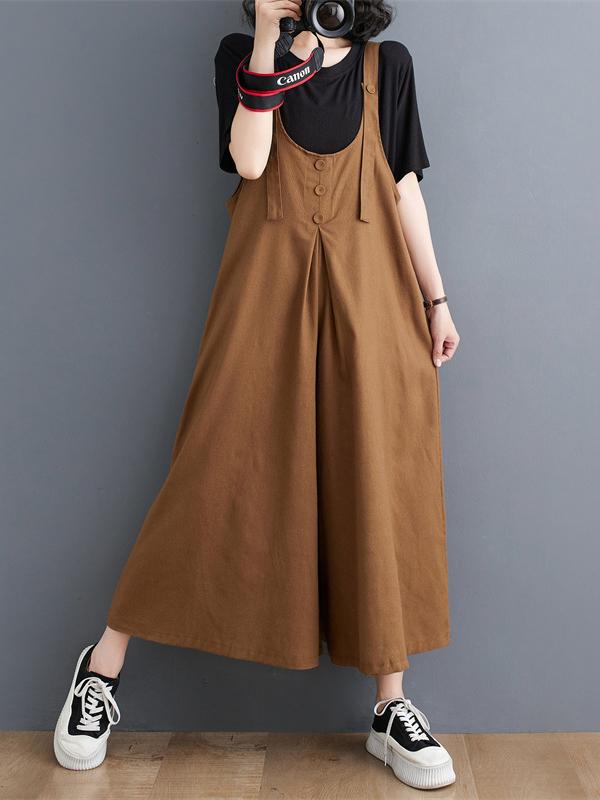 Ninth Pants Wide Leg Buttoned Solid Color Spaghetti-Neck Overalls Product Image