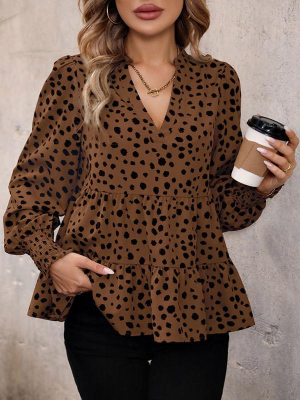 Long Sleeves Loose Elasticity Polka-Dot Split-Joint V-Neck Blouses&Shirts Tops Product Image