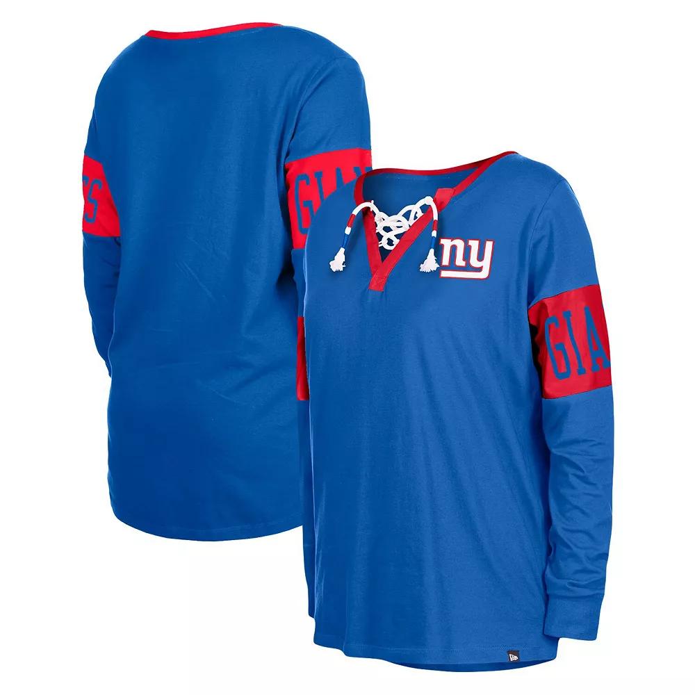 Women's New Era Royal New York Giants Lace-Up Notch Neck Long Sleeve T-Shirt,  Product Image