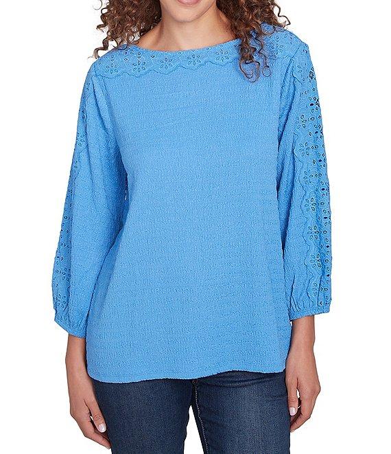 Ruby Rd. Textured Eyelet Trim Boat Neck Bracelet Length Sleeve Knit Top Product Image