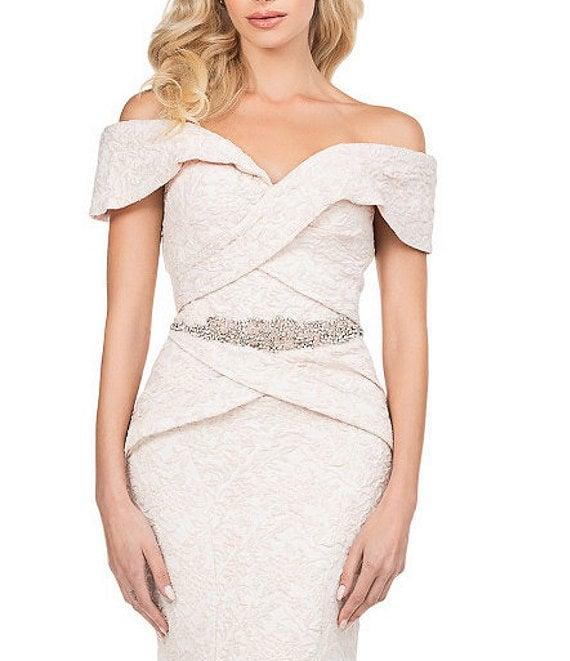 Terani Couture Off-the-Shoulder Short Sleeve Brocade Embellished Belt Mermaid Gown Product Image