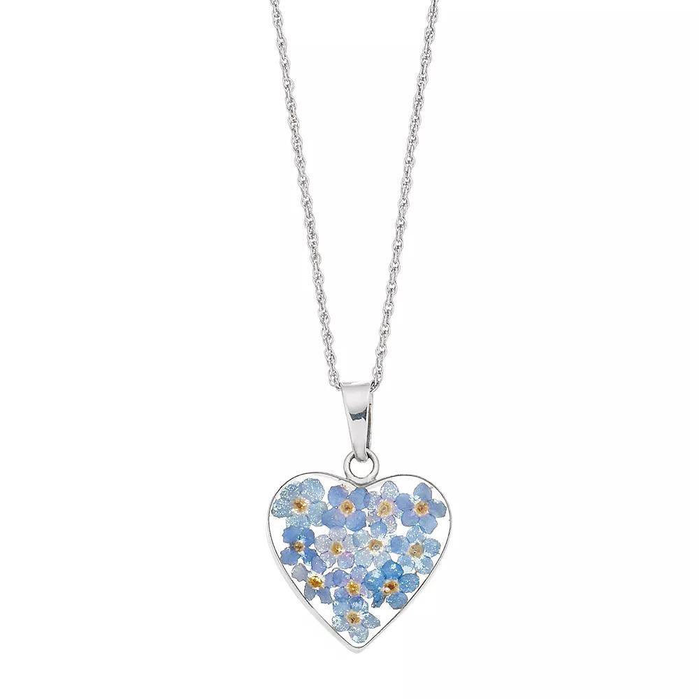 Sterling Silver Pressed Blue Flower Heart Pendant, Women's, Size: 18" Product Image