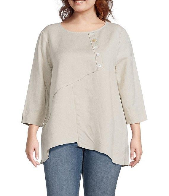 Ali Miles Plus Size Linen Blend V-Neck 3/4 Sleeve Asymmetrical Button Detail Tunic Product Image