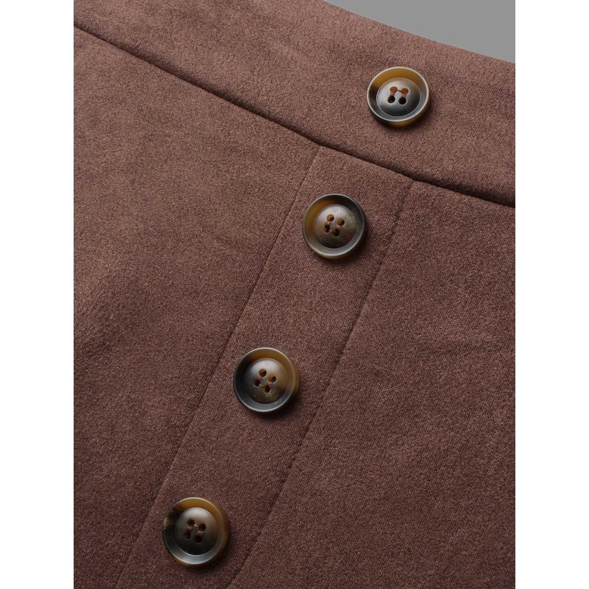 Plus Size Faux Suede Button Detail Pocket Skirt Women DarkBrown Elegant Button Loose Low stretch Slanted pocket Everyday Skirts BloomChic 28/5X Product Image