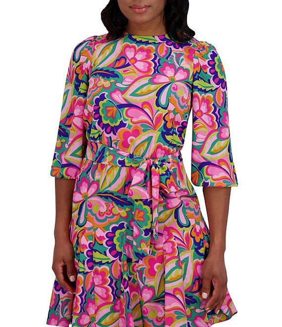 Jessica Howard Crew Neck 3/4 Sleeve Tie Sash Fit and Flare Godet Dress Product Image