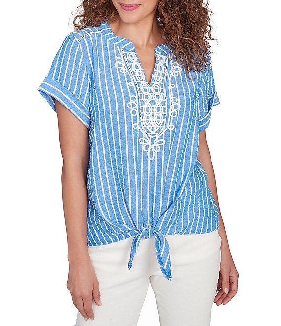 Ruby Rd. Embroidered Stripe Split V-Neck Short Sleeve Tie-Front Top Product Image